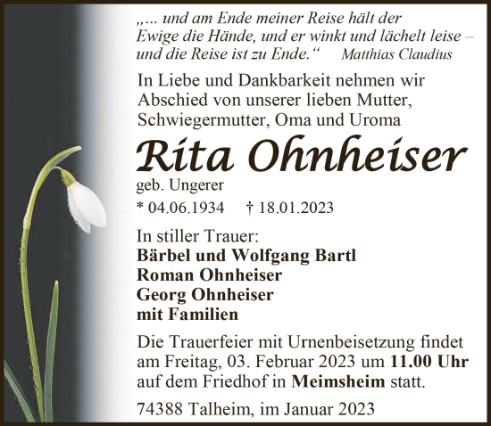 Traueranzeige von Rita Ohnheiser von GESAMT