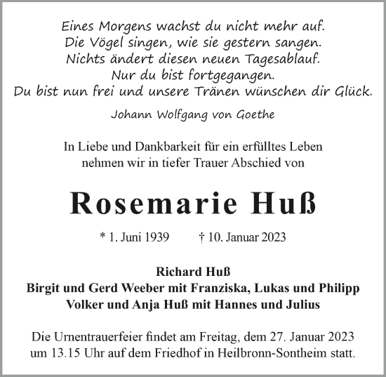 Traueranzeige von Rosemarie Huß von GESAMT