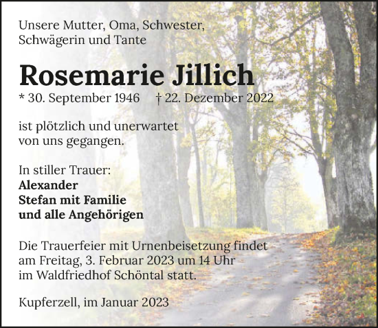 Traueranzeige von Rosemarie Jillich von GESAMT