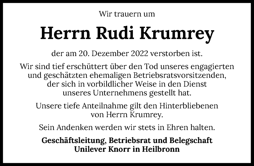  Traueranzeige für Rudi Krumrey vom 03.01.2023 aus GESAMT