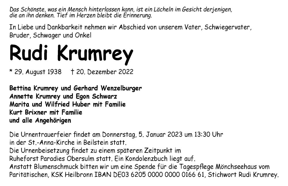  Traueranzeige für Rudi Krumrey vom 03.01.2023 aus GESAMT