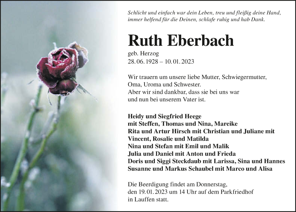  Traueranzeige für Ruth Eberbach vom 14.01.2023 aus GESAMT
