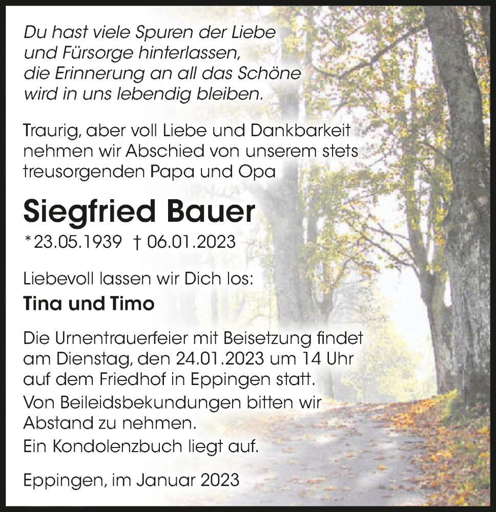  Traueranzeige für Siegfried Bauer vom 21.01.2023 aus GESAMT