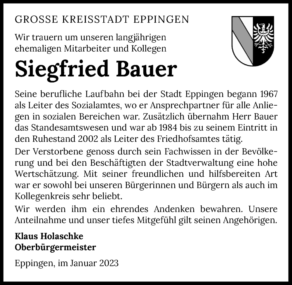  Traueranzeige für Siegfried Bauer vom 21.01.2023 aus GESAMT