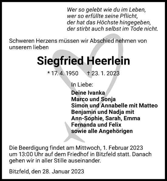Traueranzeige von Siegfried Heerlein von GESAMT