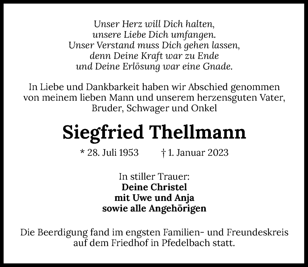  Traueranzeige für Siegfried Thellmann vom 10.01.2023 aus GESAMT