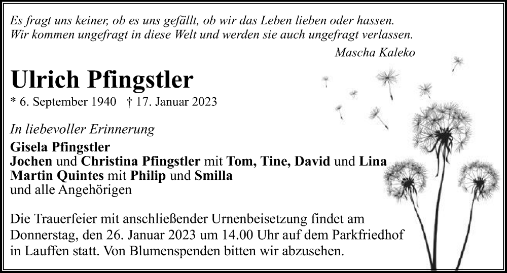  Traueranzeige für Ulrich Pfingstler vom 21.01.2023 aus GESAMT