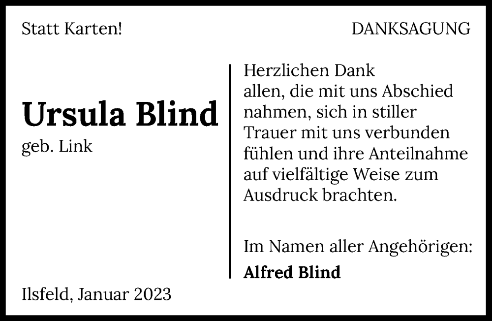  Traueranzeige für Ursula Blind vom 13.01.2023 aus GESAMT