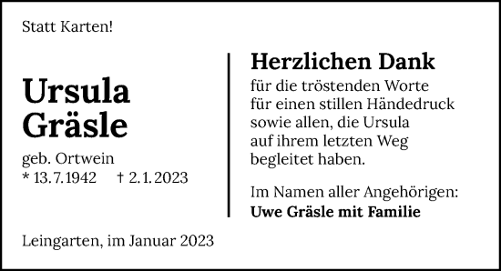Traueranzeige von Ursula Gräsle von GESAMT