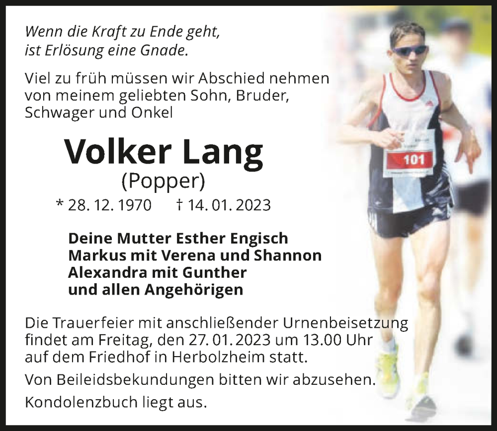  Traueranzeige für Volker Lang vom 21.01.2023 aus GESAMT