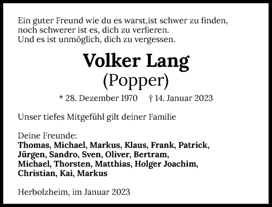 Traueranzeige von Volker Lang von GESAMT