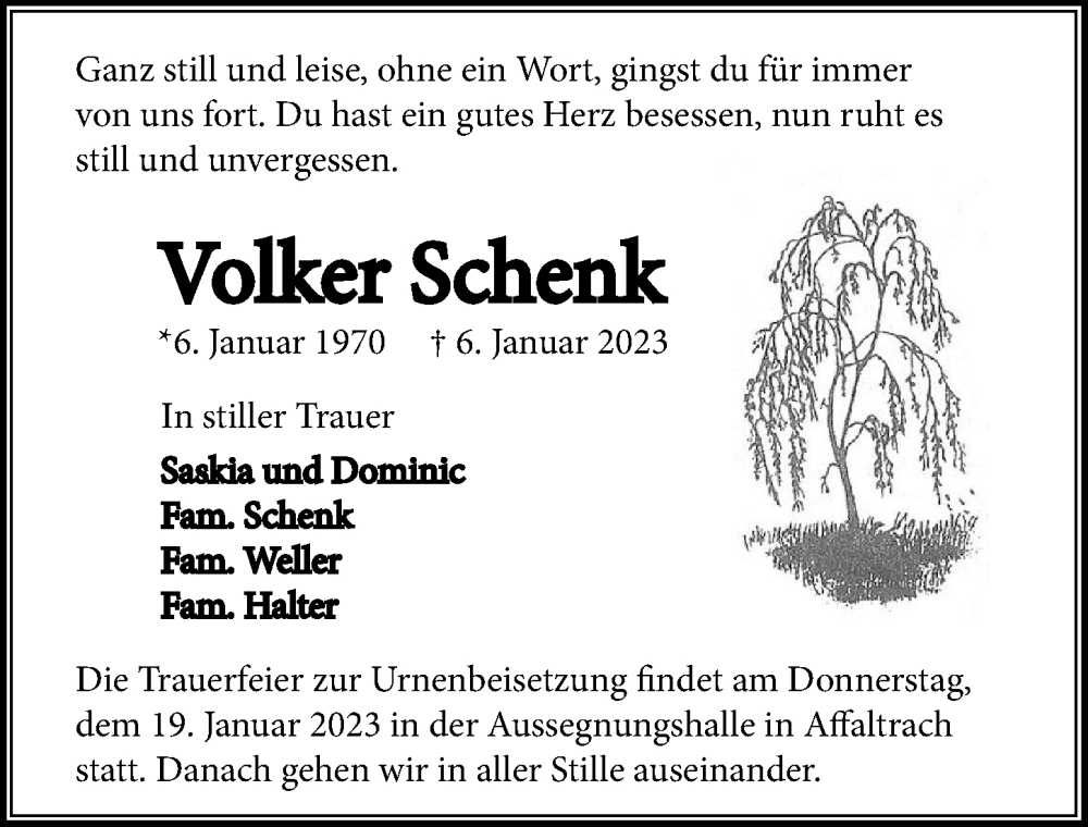  Traueranzeige für Volker Schenk vom 18.01.2023 aus GESAMT