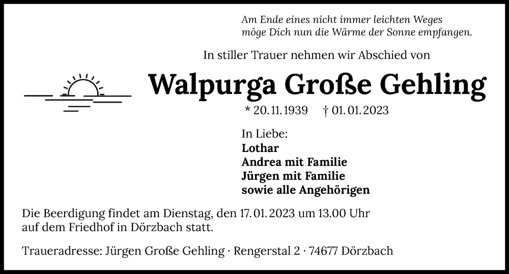  Traueranzeige für Walpurga Große Gehling vom 13.01.2023 aus GESAMT