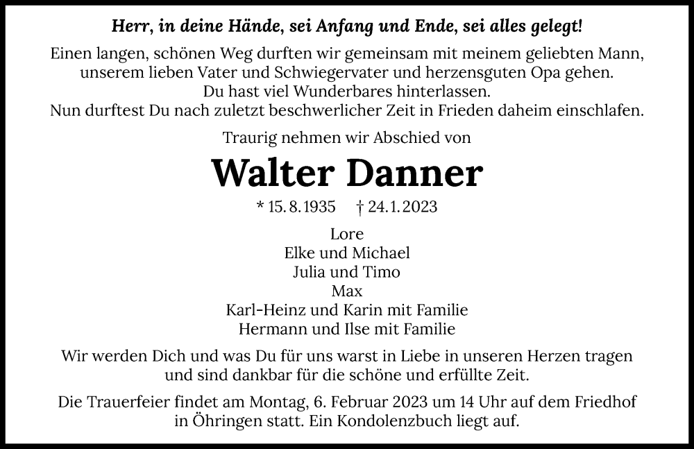  Traueranzeige für Walter Danner vom 31.01.2023 aus GESAMT