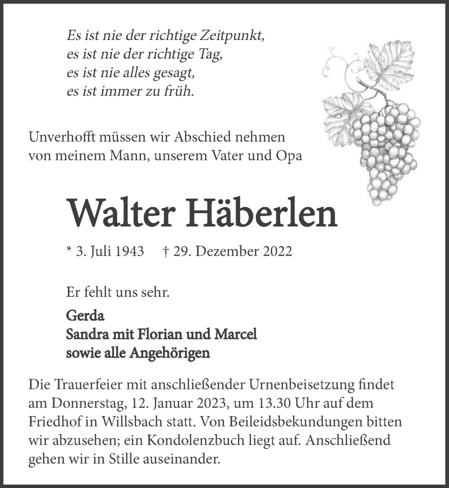  Traueranzeige für Walter Häberlen vom 07.01.2023 aus GESAMT