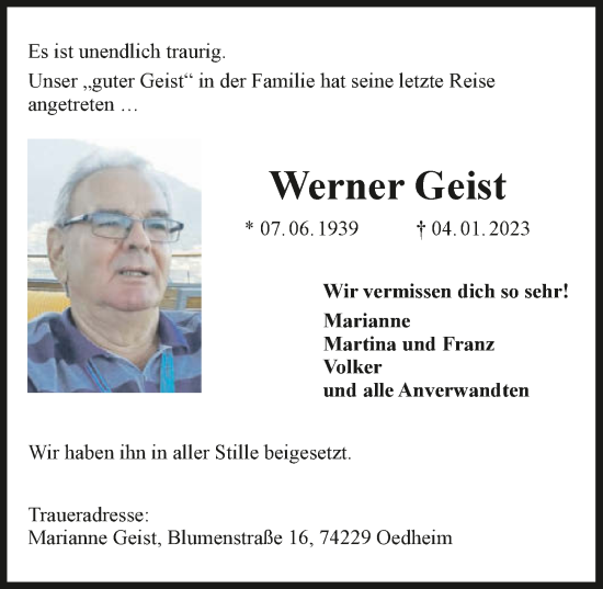 Traueranzeige von Werner Geist von GESAMT