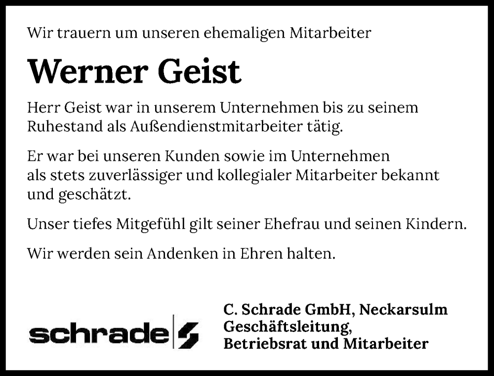  Traueranzeige für Werner Geist vom 14.01.2023 aus GESAMT