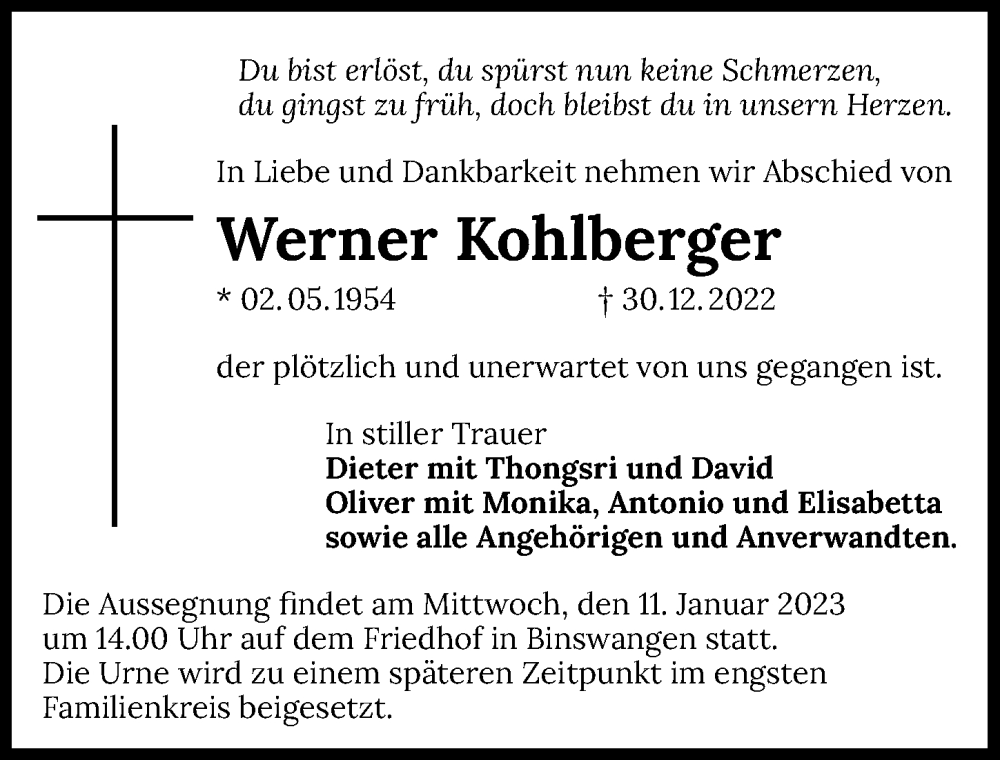  Traueranzeige für Werner Kohlberger vom 07.01.2023 aus GESAMT