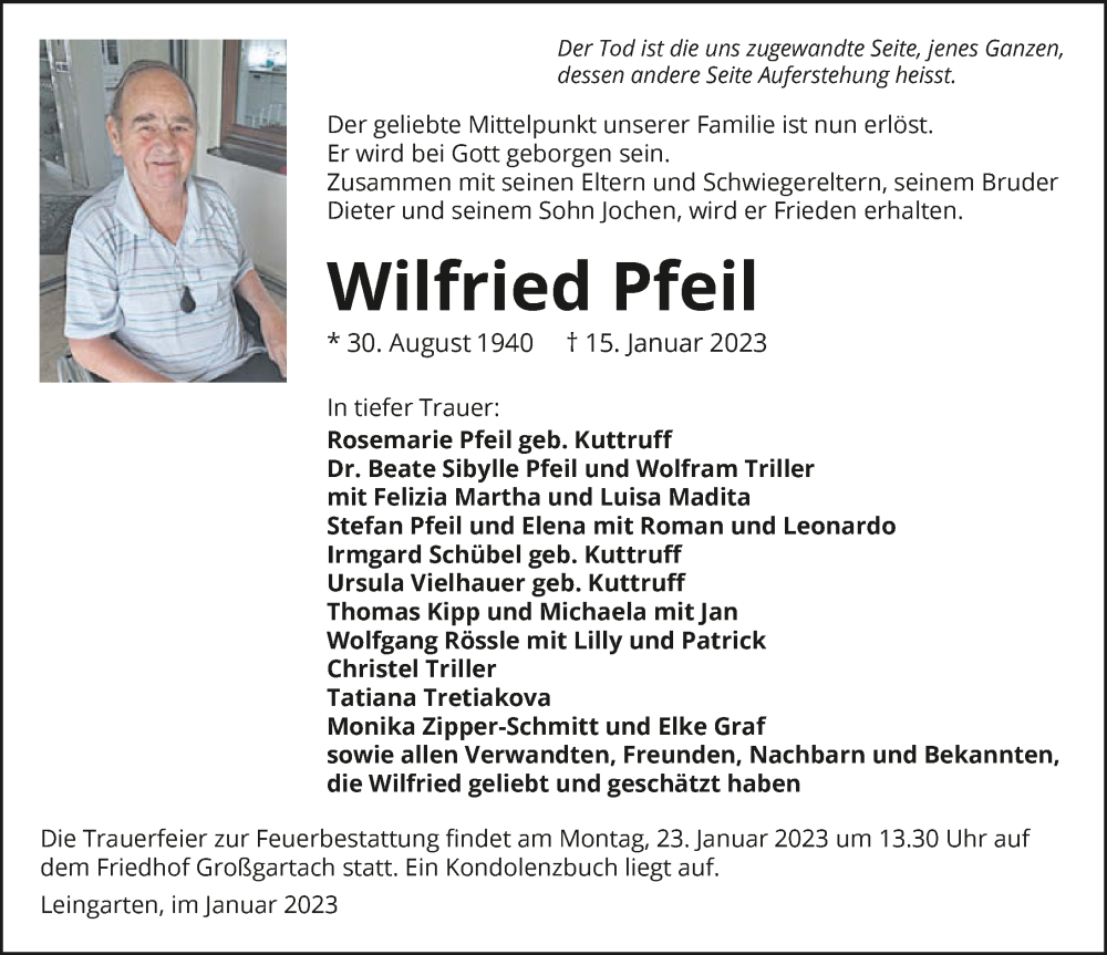 Traueranzeige für Wilfried Pfeil vom 18.01.2023 aus GESAMT