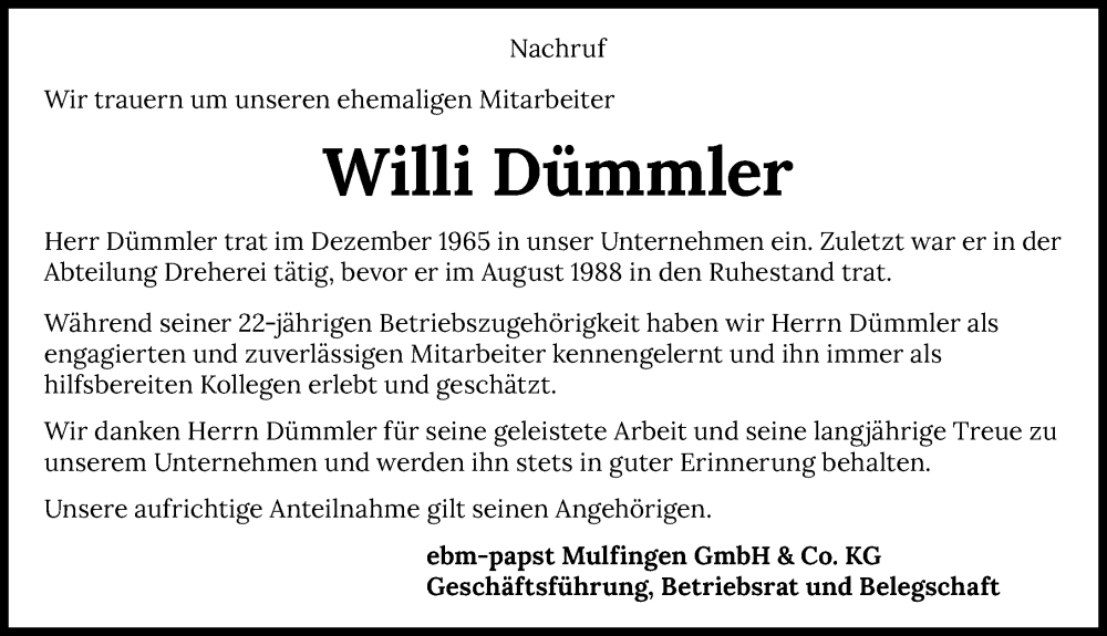  Traueranzeige für Willi Dümmler vom 21.01.2023 aus GESAMT