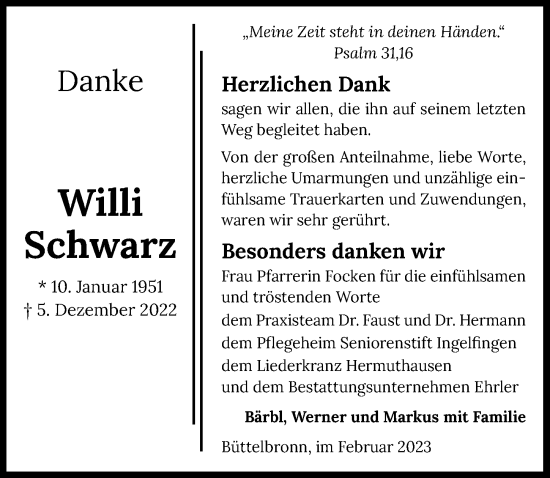 Traueranzeige von Willi Schwarz von GESAMT