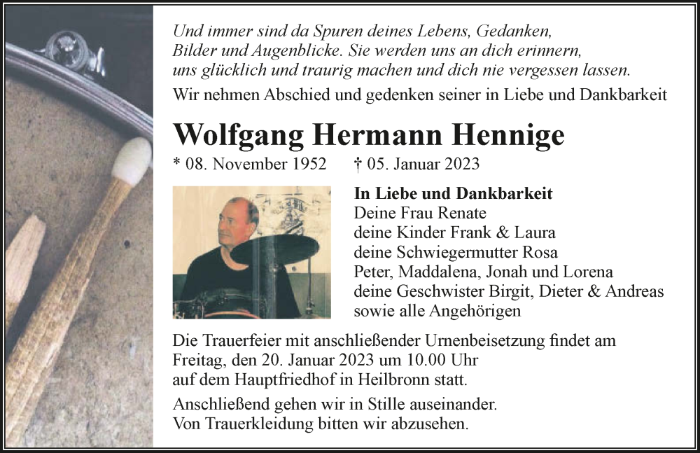  Traueranzeige für Wolfgang Hermann Hennige vom 14.01.2023 aus GESAMT