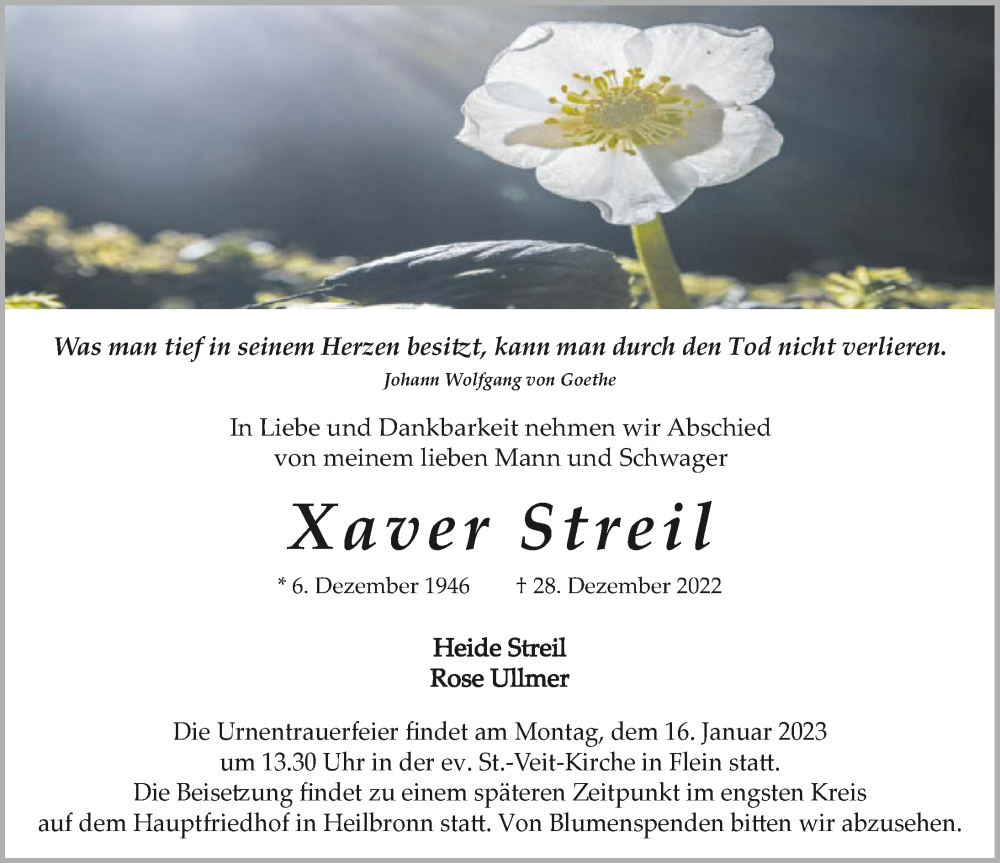  Traueranzeige für Xaver Streil vom 07.01.2023 aus GESAMT