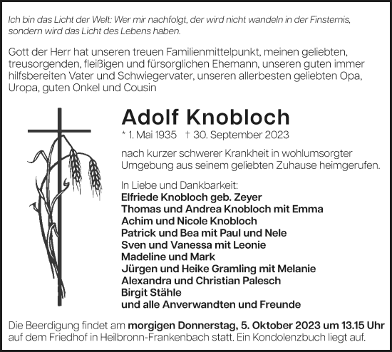 Traueranzeige von Adolf Knobloch von GESAMT