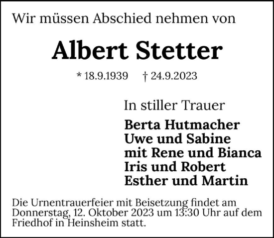 Traueranzeige von Albert Stetter von GESAMT