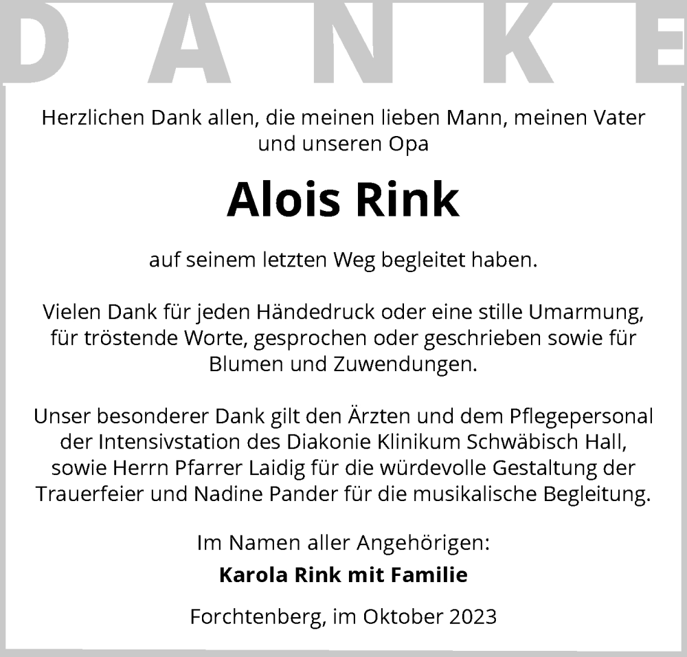  Traueranzeige für Alois Rink vom 20.10.2023 aus GESAMT