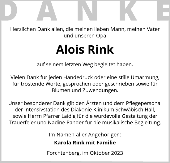 Traueranzeige von Alois Rink von GESAMT