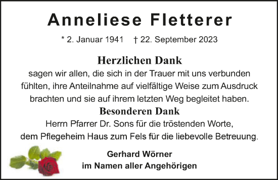 Traueranzeige von Anneliese Fletterer von GESAMT
