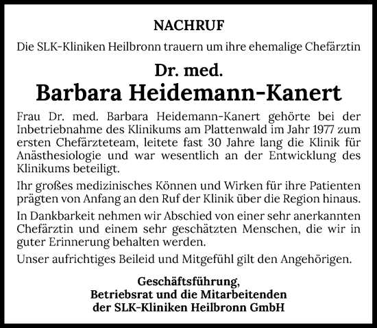 Traueranzeige von Barbara Heidemann-Kanert von GESAMT