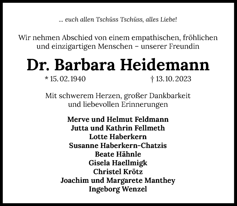  Traueranzeige für Barbara Heidemann vom 21.10.2023 aus GESAMT