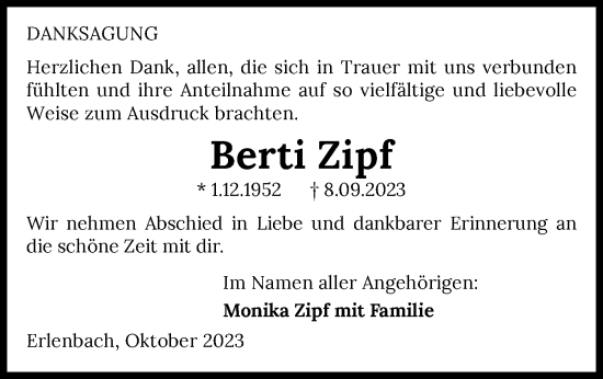Traueranzeige von Berti Zipf von GESAMT