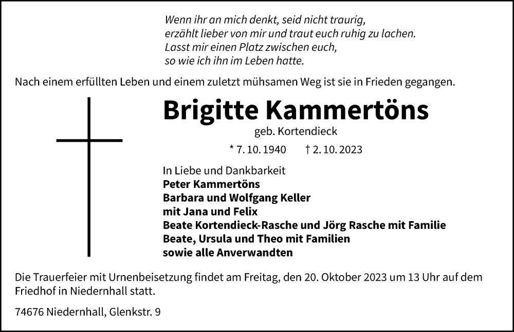  Traueranzeige für Brigitte Kammertöns vom 07.10.2023 aus GESAMT
