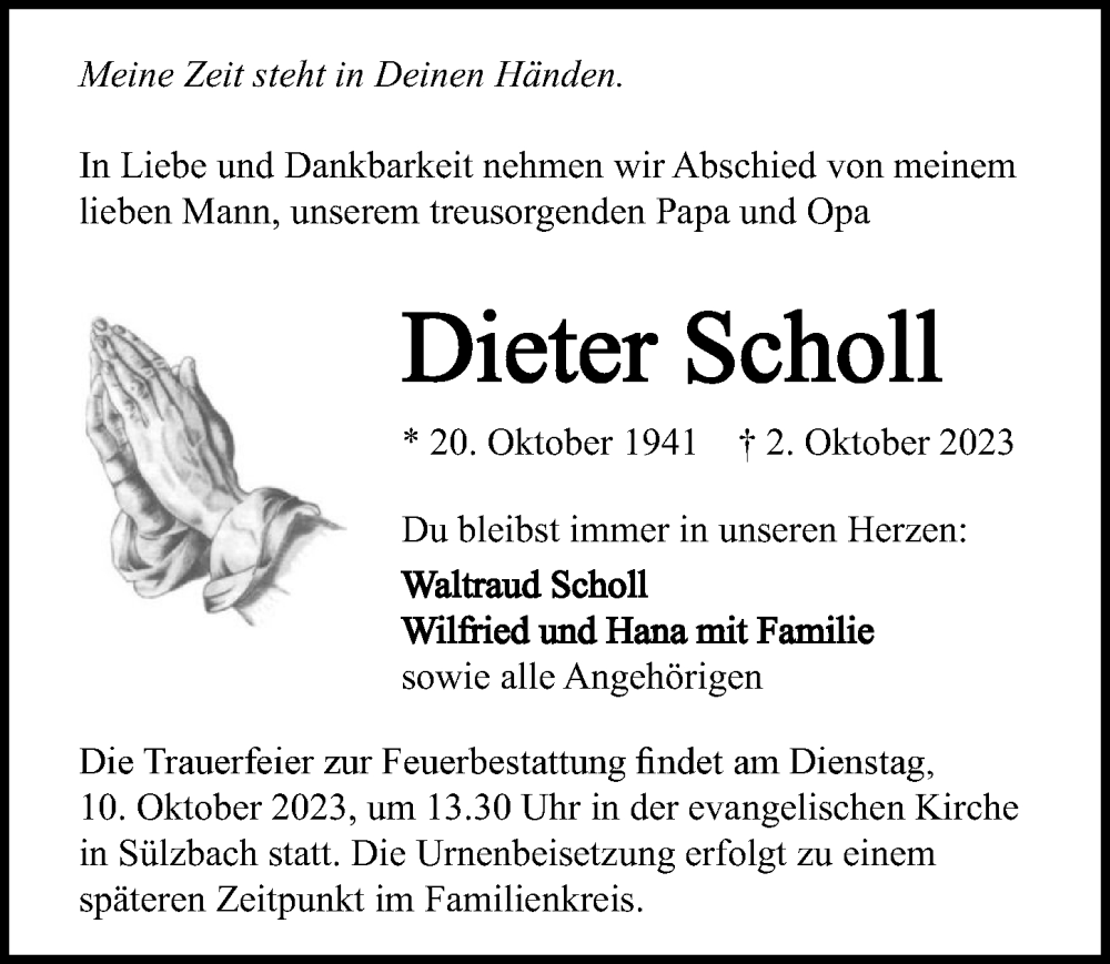  Traueranzeige für Dieter Scholl vom 07.10.2023 aus GESAMT
