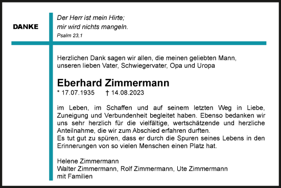 Traueranzeige von Eberhard Zimmermann von GESAMT