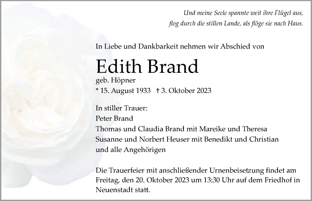  Traueranzeige für Edith Brand vom 14.10.2023 aus GESAMT