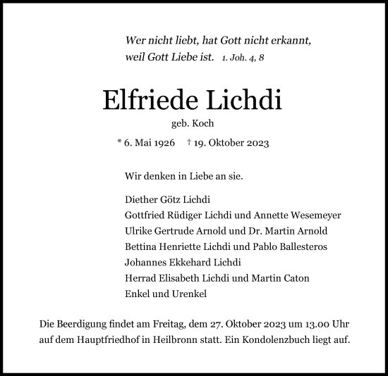 Traueranzeige von Elfriede Lichdi von GESAMT
