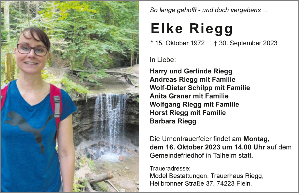  Traueranzeige für Elke Riegg vom 07.10.2023 aus GESAMT