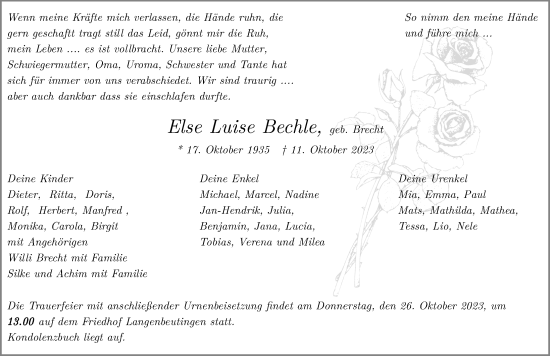 Traueranzeige von Else Luise Bechle von GESAMT