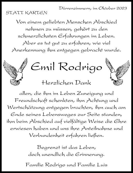 Traueranzeige von Emil Rodrigo von GESAMT
