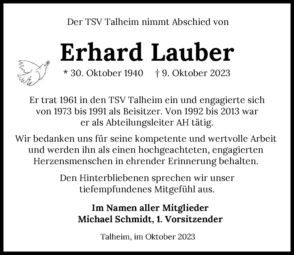  Traueranzeige für Erhard Lauber vom 14.10.2023 aus GESAMT