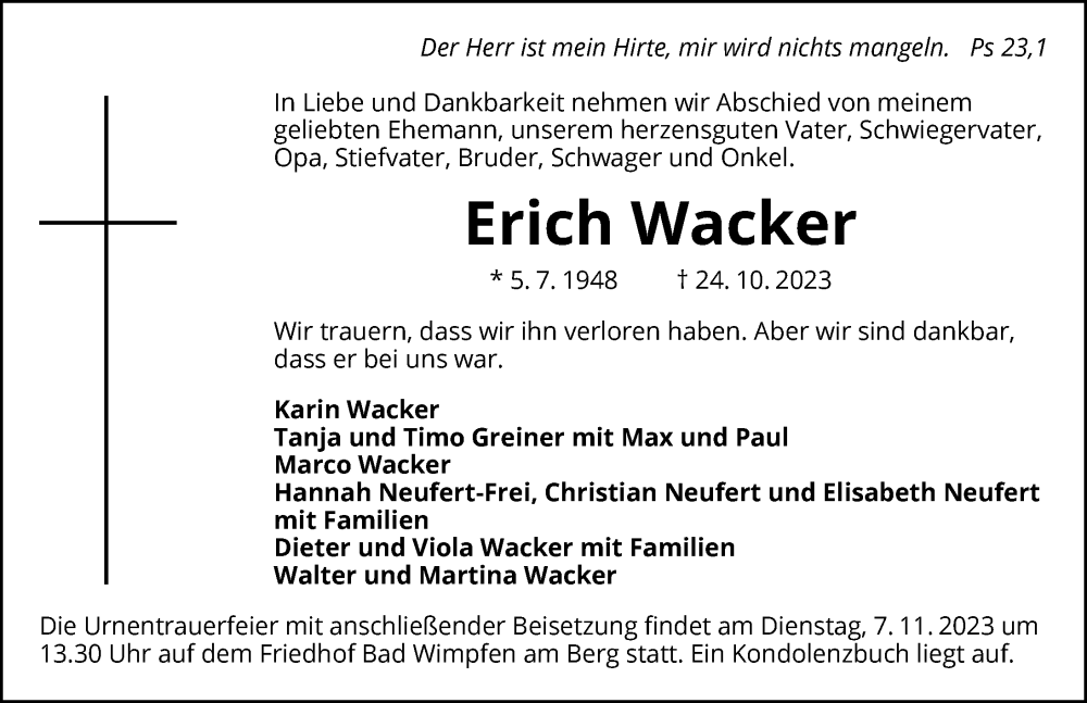  Traueranzeige für Erich Wacker vom 28.10.2023 aus GESAMT