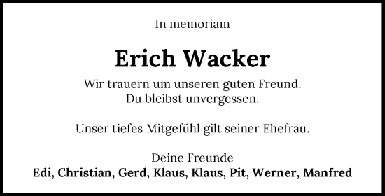 Traueranzeige von Erich Wacker von GESAMT