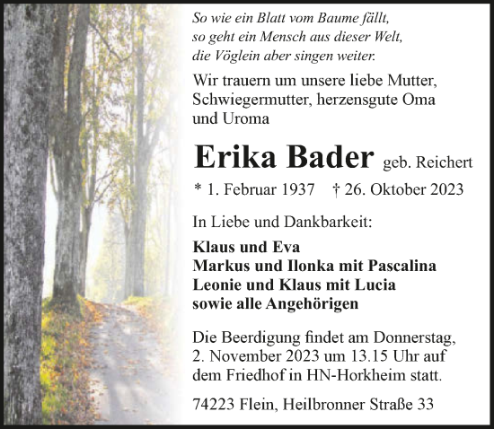 Traueranzeige von Erika Bader von GESAMT