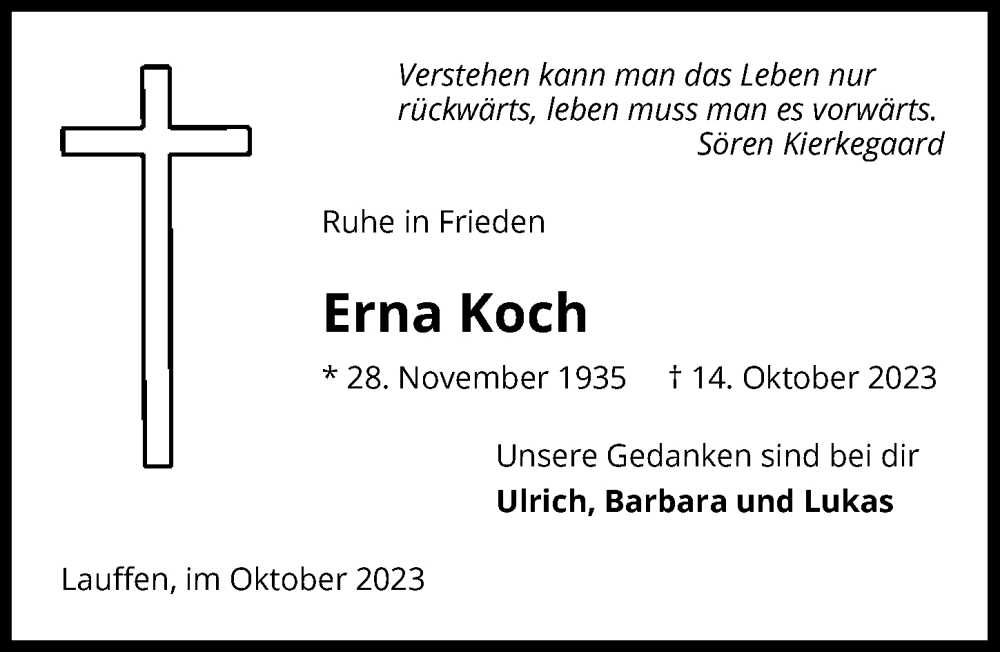  Traueranzeige für Erna Koch vom 21.10.2023 aus GESAMT