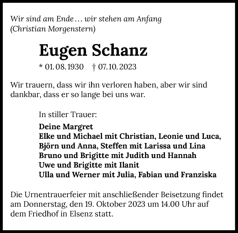  Traueranzeige für Eugen Schanz vom 14.10.2023 aus GESAMT