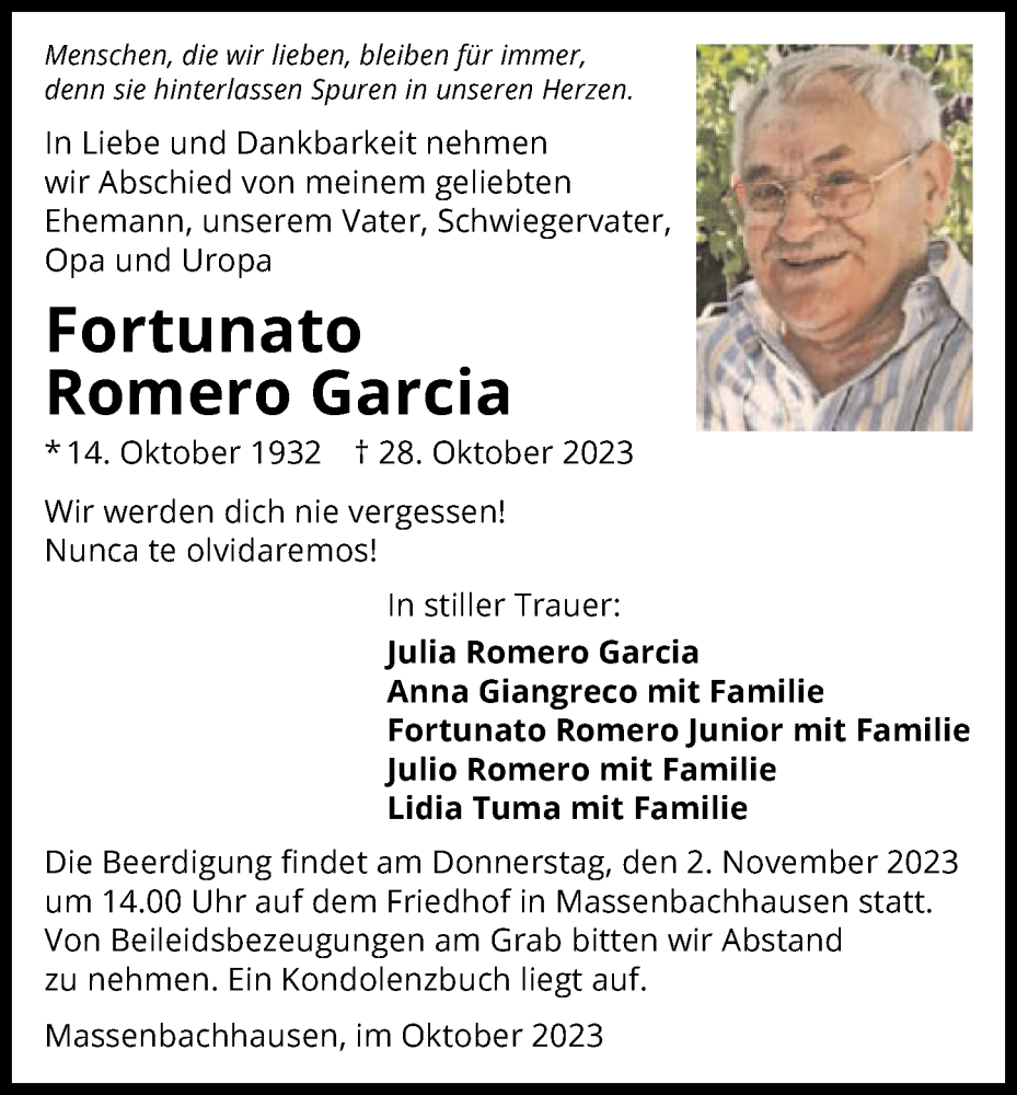  Traueranzeige für Fortunato Romero Garcia vom 31.10.2023 aus GESAMT